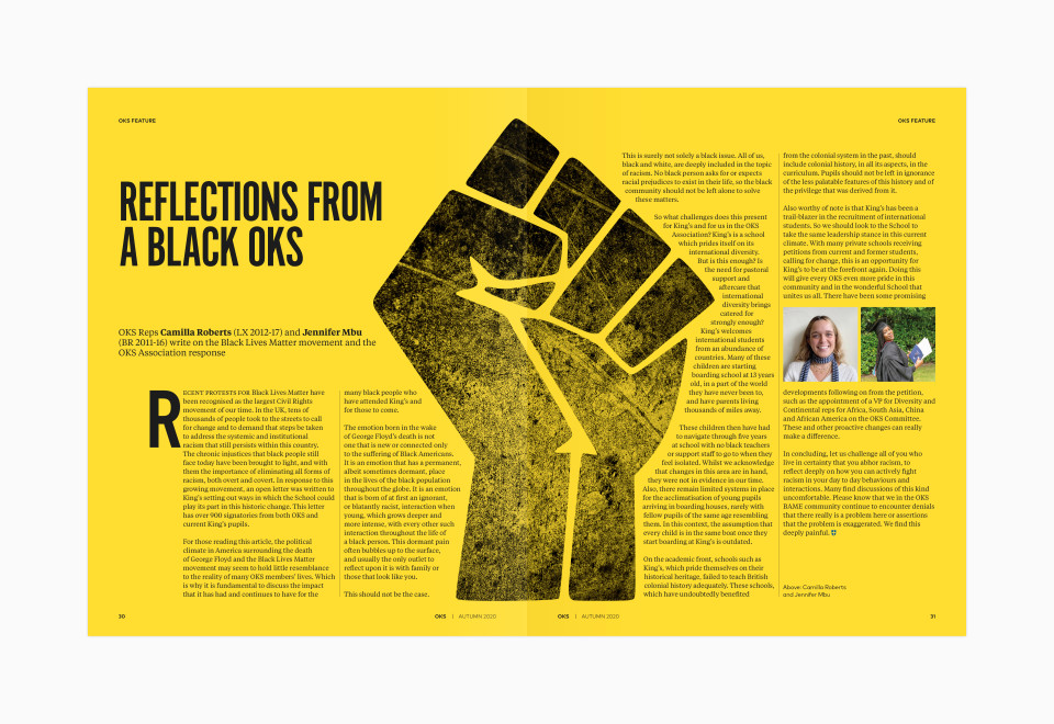 King's School OKS Magazine layout for the Black Lives Matter feature