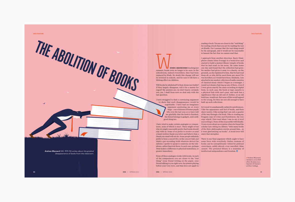 King's School OKS Magazine layout for the Abolition of Books feature